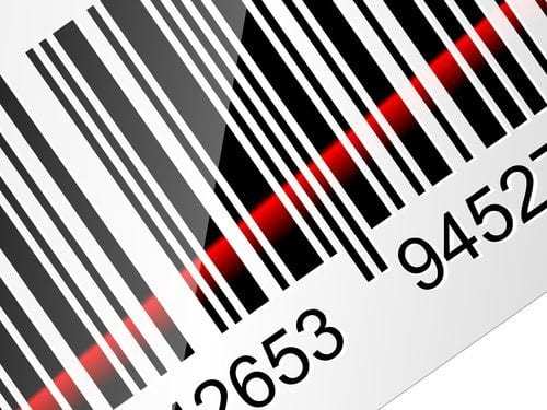 Closeup Barcode sticker with red laser beam. Vector illustration